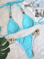 Crystal Diamond Bikinis Creative Metal Chain Accessories Swimsuit Straps Solid Color Low Waist Thong Beachwear 2025