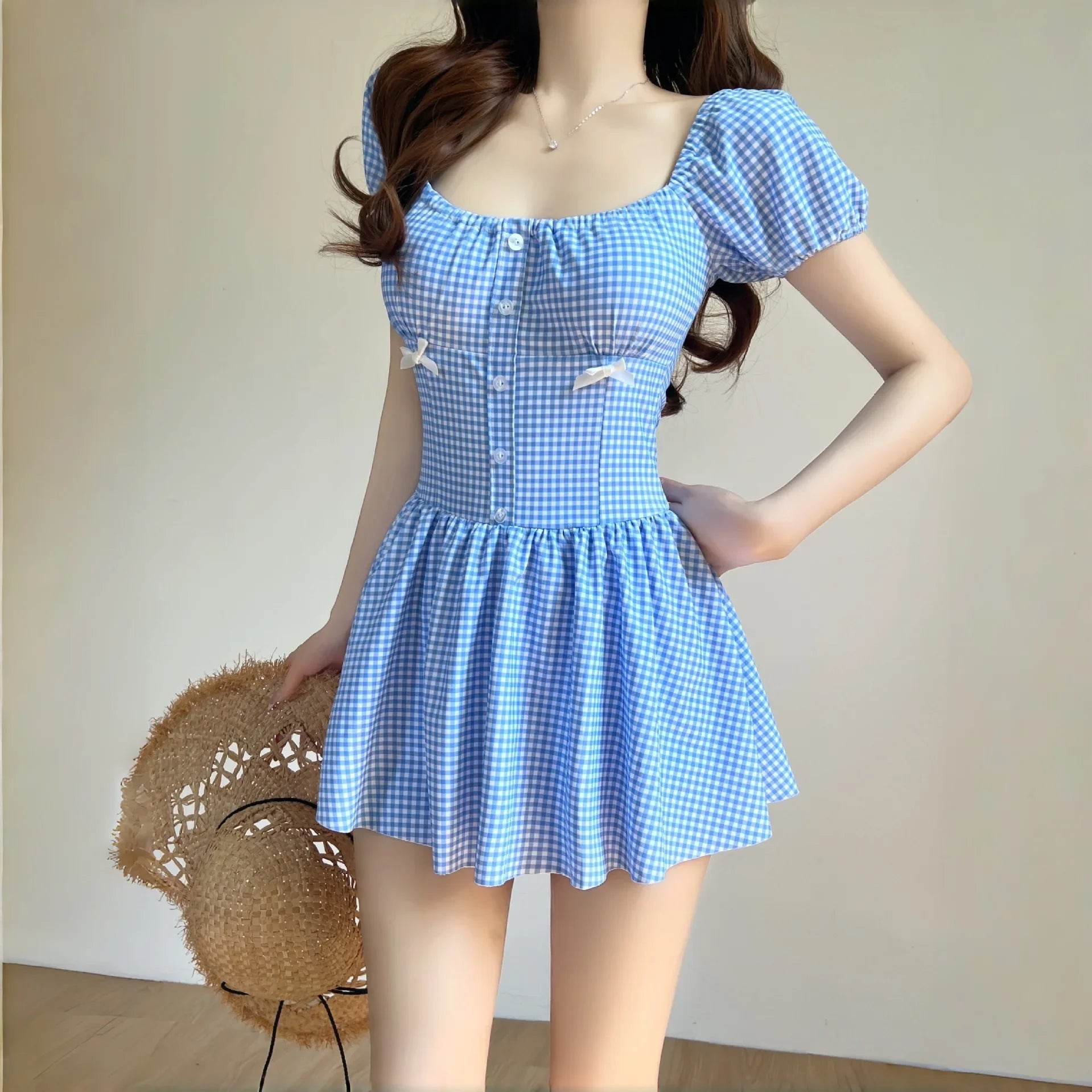 Cute Blue Plaid Swimwear Short Sleeve Front Botton Slim Tummy Control One Piece Swimsuit Beach Holiday Bathing Suits