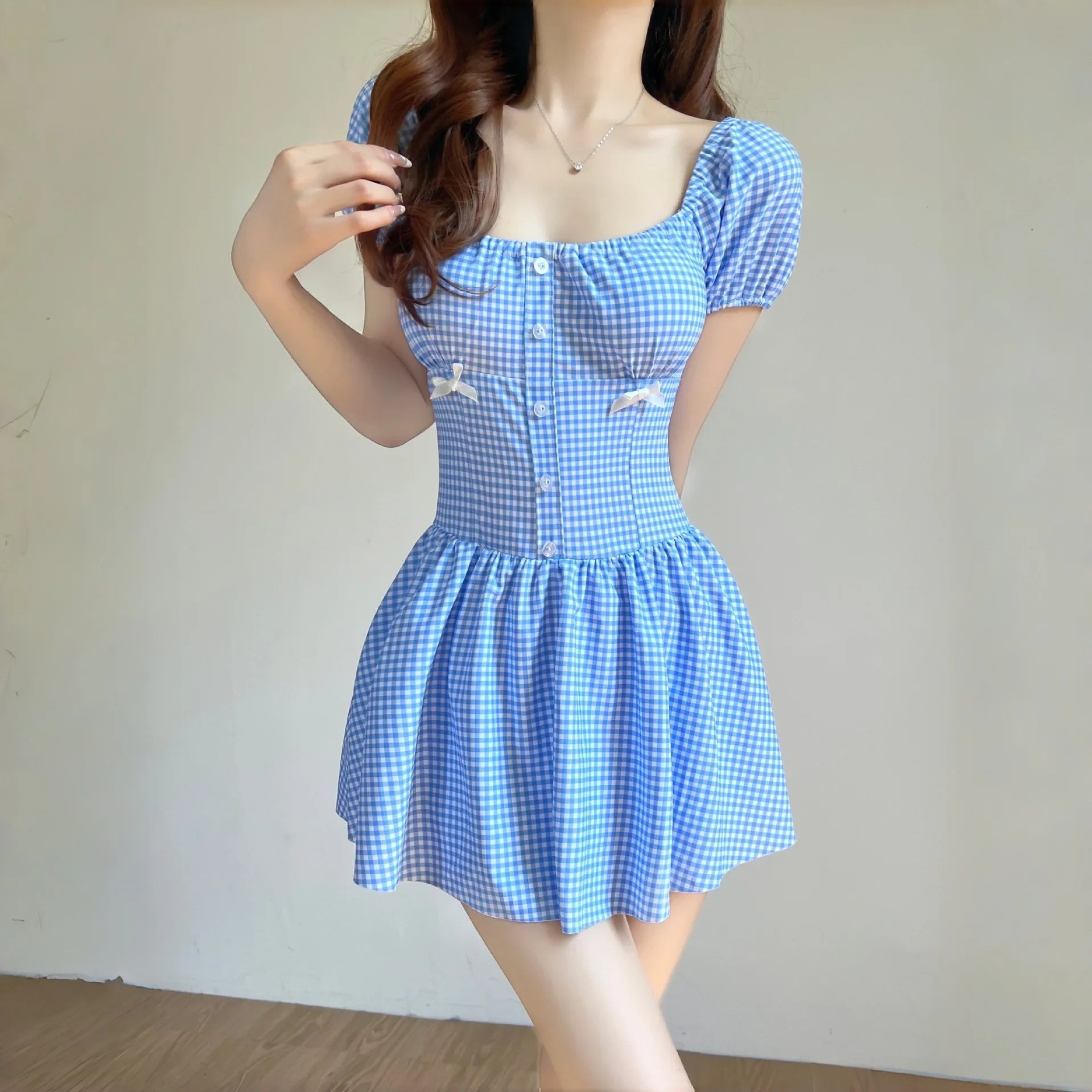Cute Blue Plaid Swimwear Short Sleeve Front Botton Slim Tummy Control One Piece Swimsuit Beach Holiday Bathing Suits