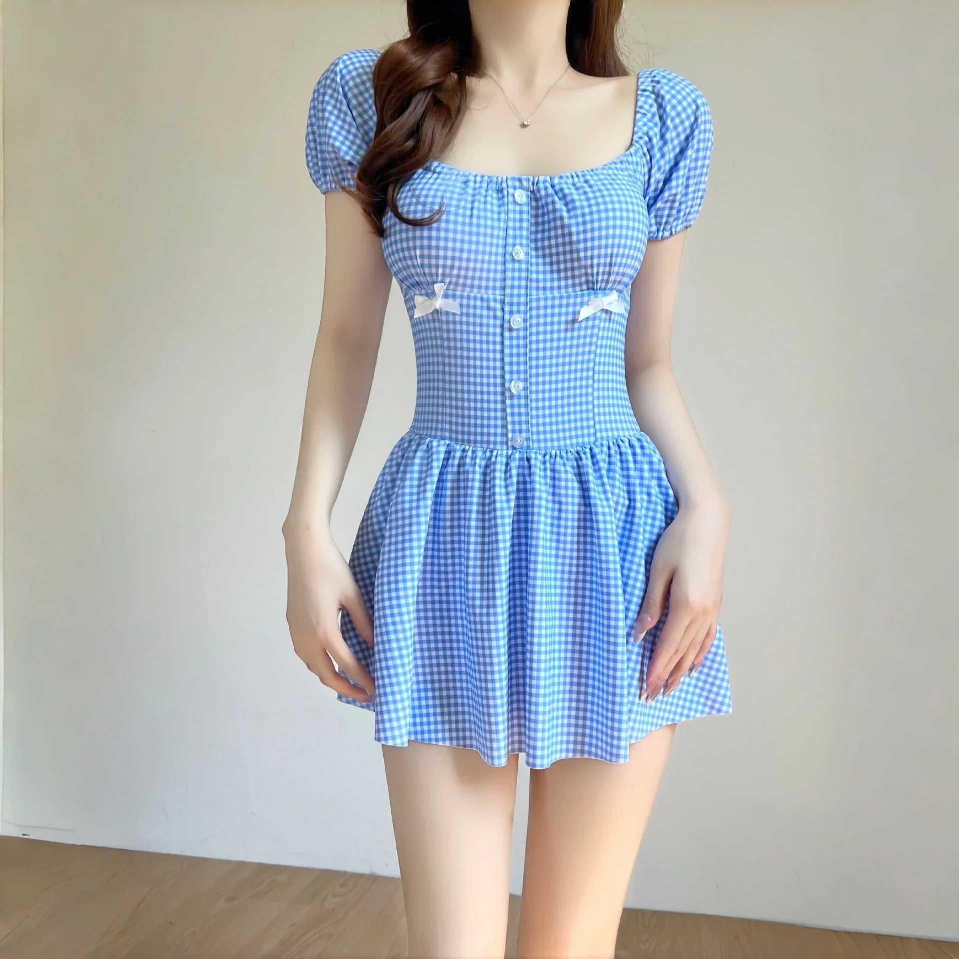 Cute Blue Plaid Swimwear Short Sleeve Front Botton Slim Tummy Control One Piece Swimsuit Beach Holiday Bathing Suits