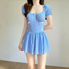 Cute Blue Plaid Swimwear Short Sleeve Front Botton Slim Tummy Control One Piece Swimsuit Beach Holiday Bathing Suits