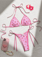 Cute Cherry Print Two Piece Swimsuit Adjustable Straps Triangle Bra Bikini Set