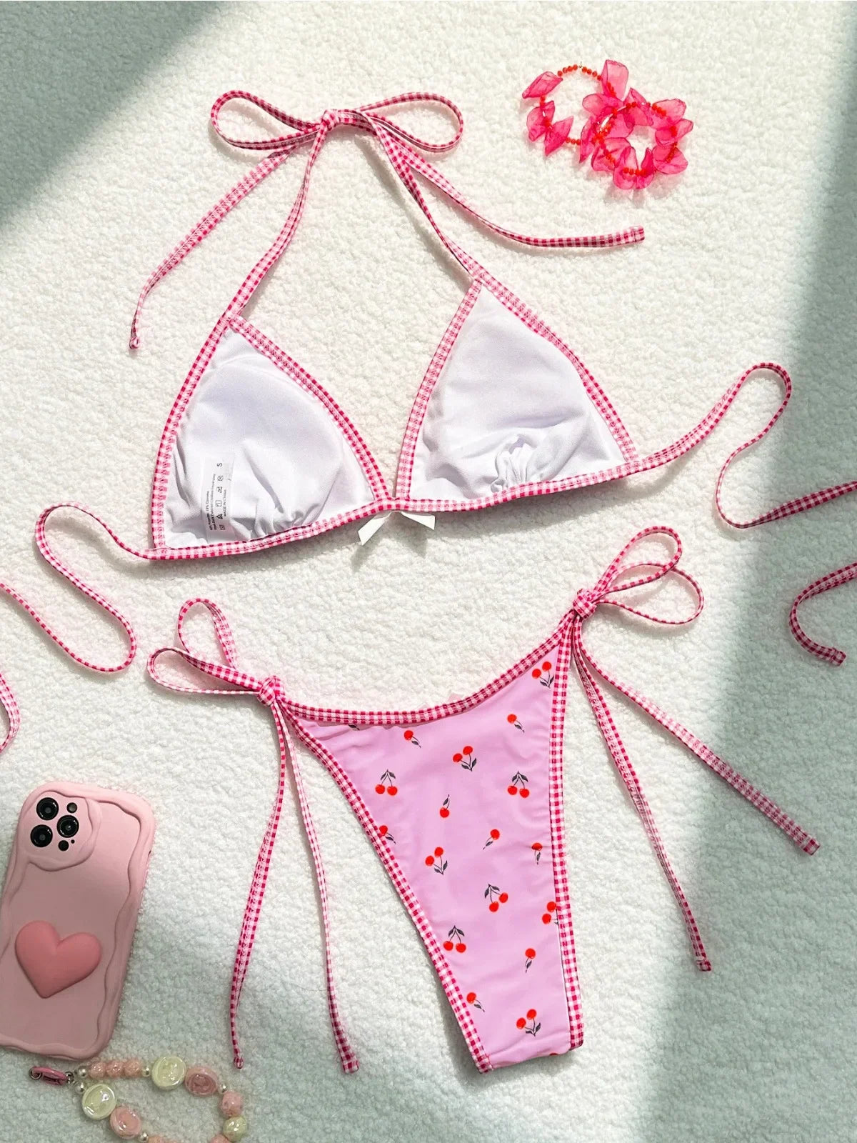Cute Cherry Print Two Piece Swimsuit Adjustable Straps Triangle Bra Bikini Set