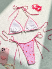 Cute Cherry Print Two Piece Swimsuit Adjustable Straps Triangle Bra Bikini Set