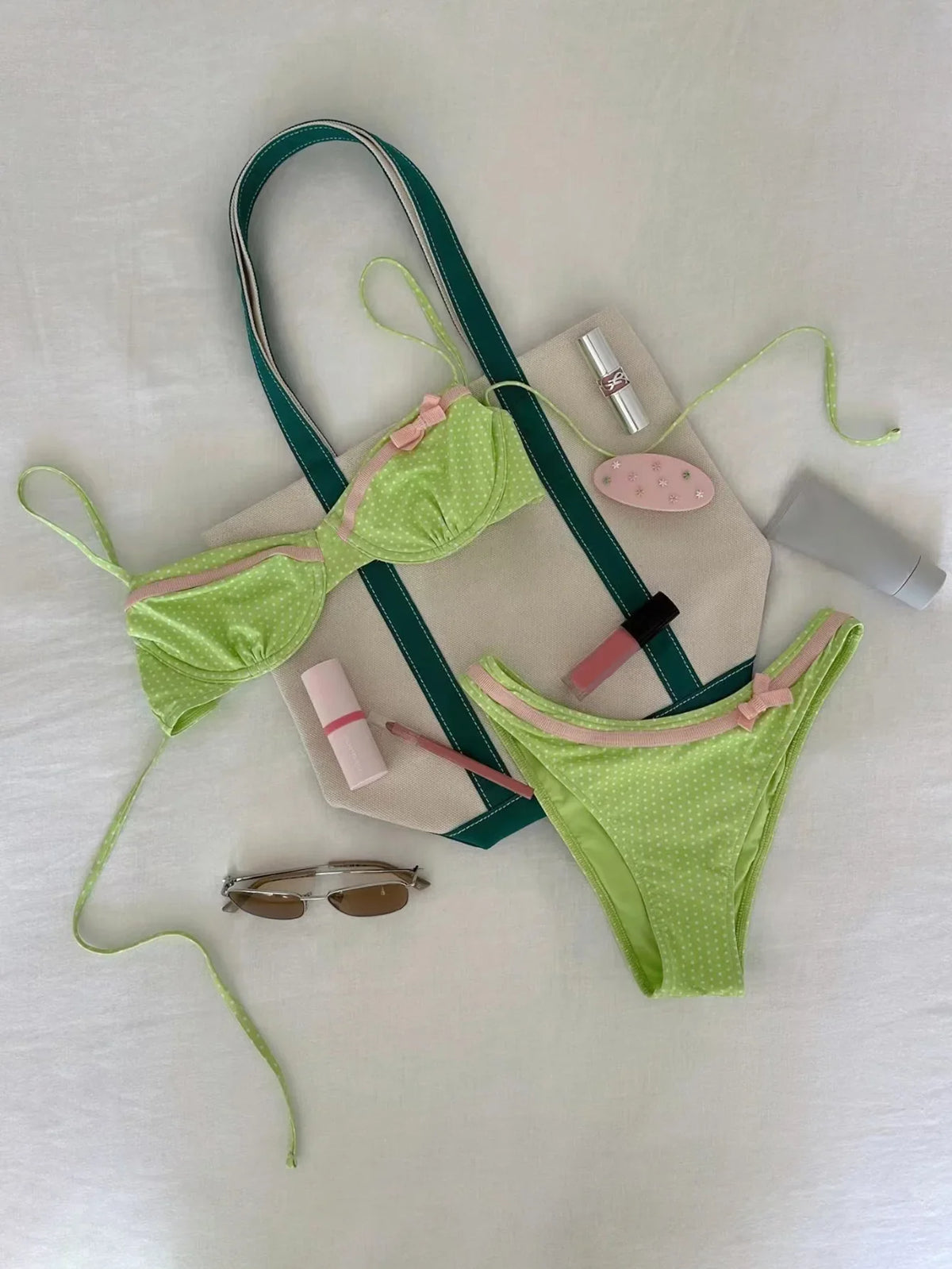 Cute Green Dot Print Bikini Set