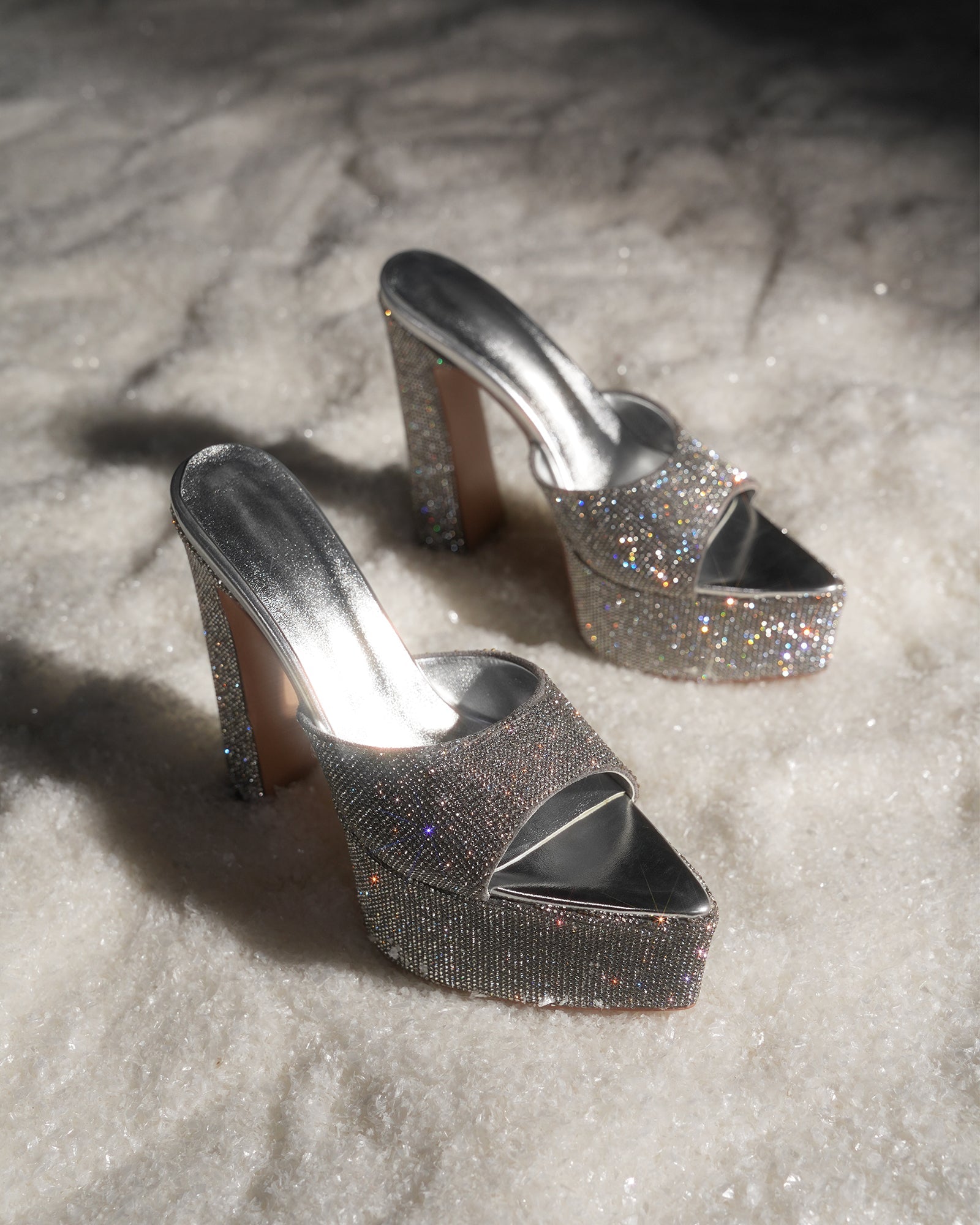 Leyla Diamente Sparkle Platform Mules In Silver
