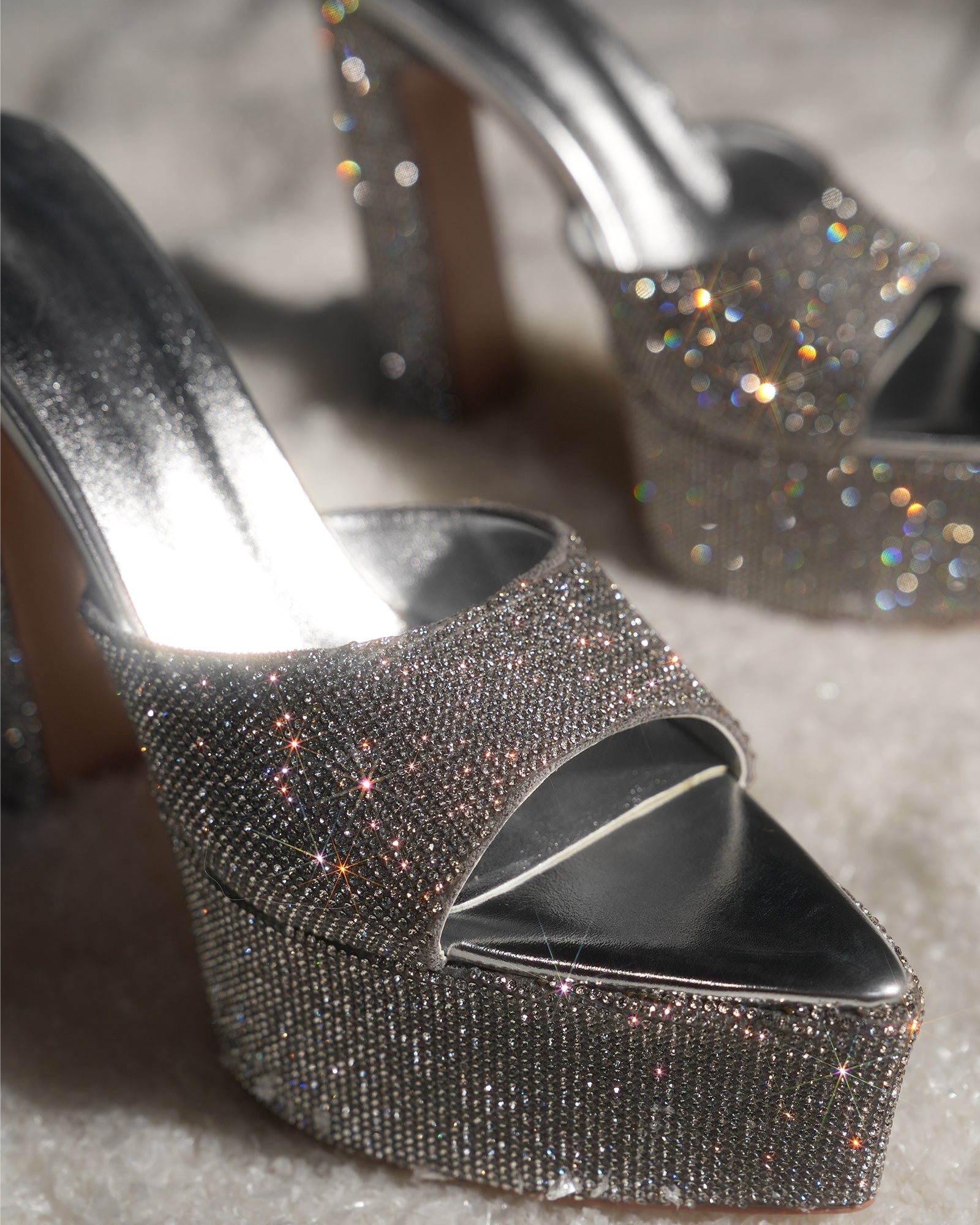 Leyla Diamente Sparkle Platform Mules In Silver
