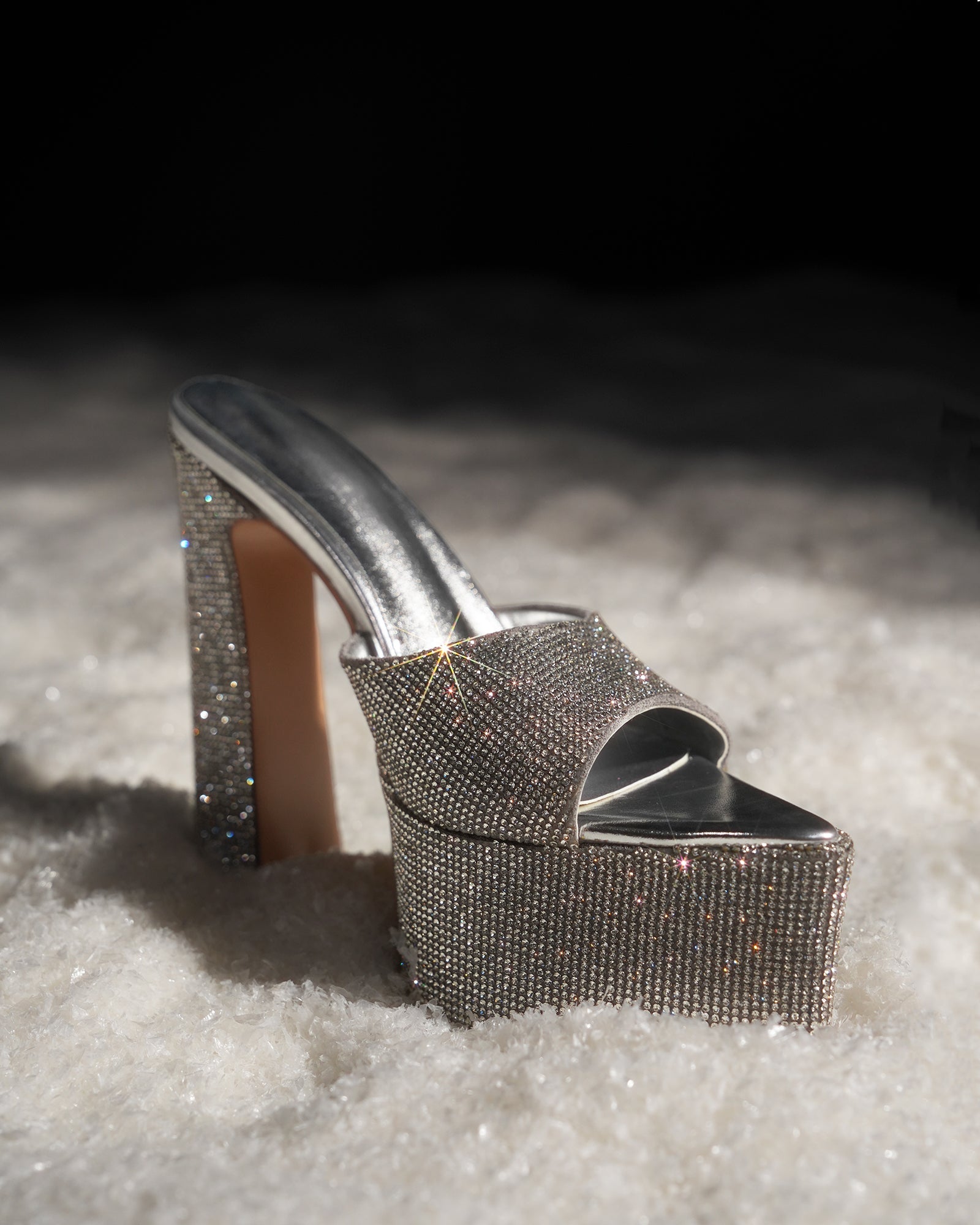 Leyla Diamente Sparkle Platform Mules In Silver