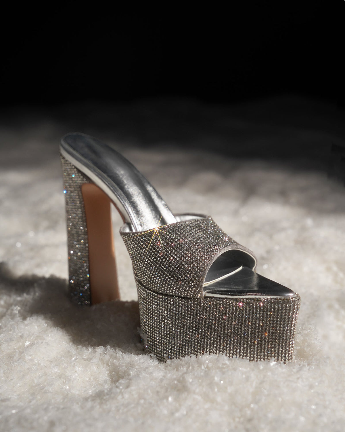 Leyla Diamente Sparkle Platform Mules In Silver