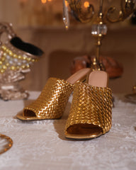 Fiamma Woven Metal Knot Mules In Gold