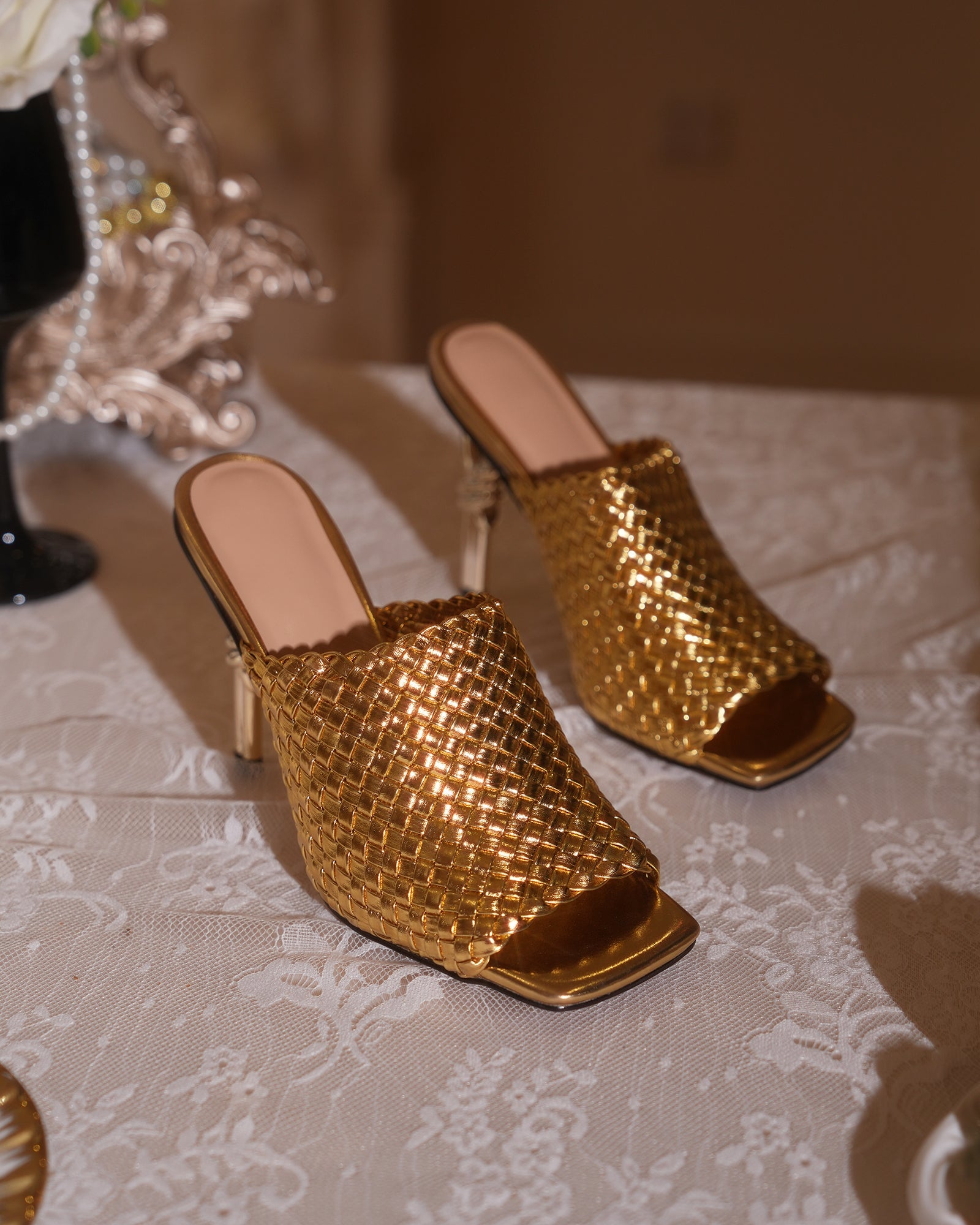 Fiamma Woven Metal Knot Mules In Gold