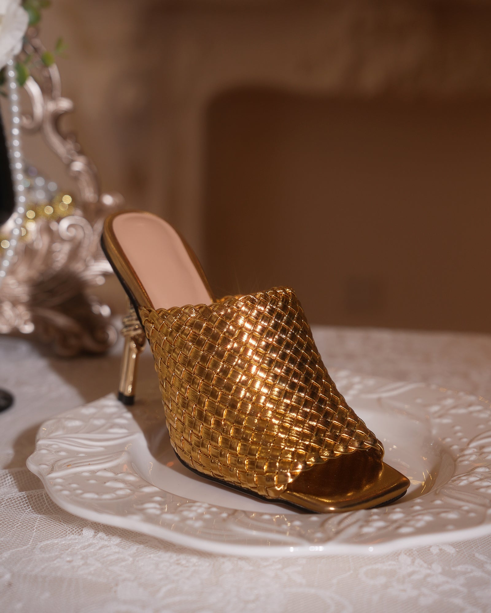 Fiamma Woven Metal Knot Mules In Gold
