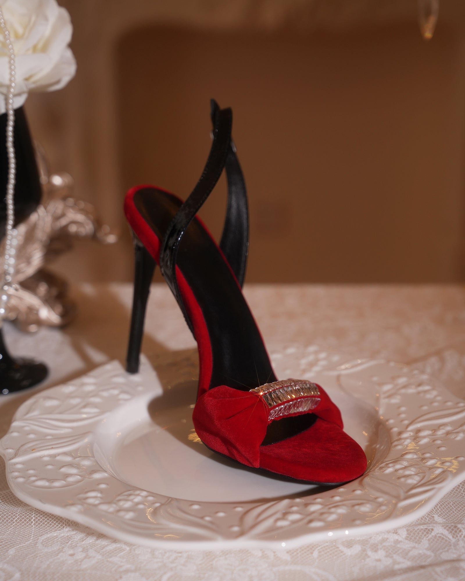 Babe Rhinestone Velvet Slingback Sandals In Red