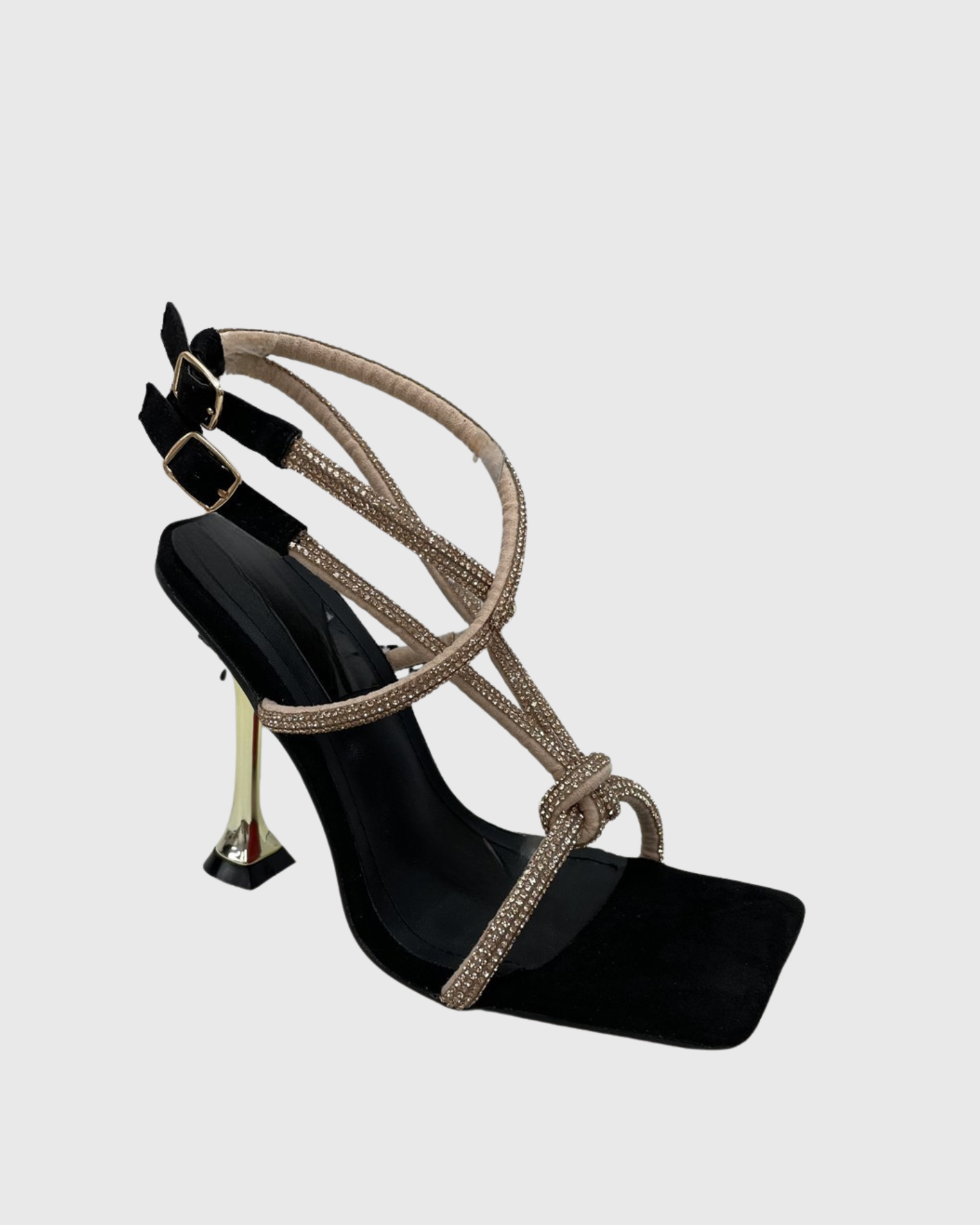 Dagr Rhinestone Cross Strap Flared Heels