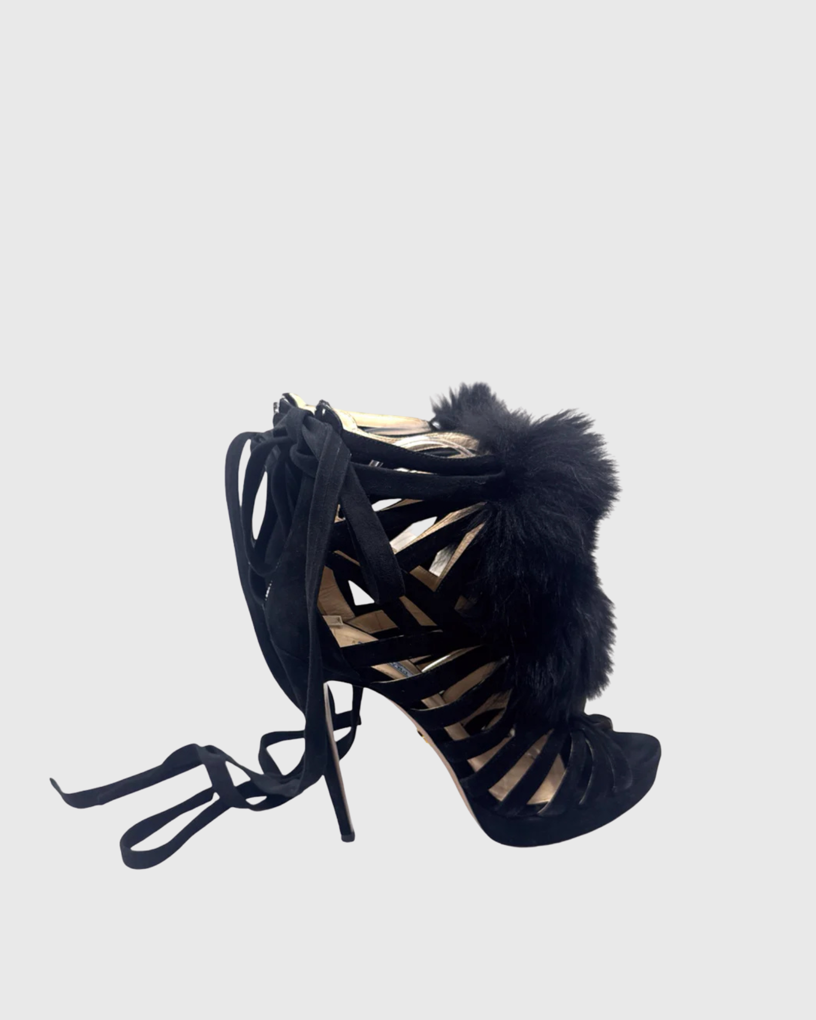 Darko Lace Up Faux Fur Cage Sandals In Black