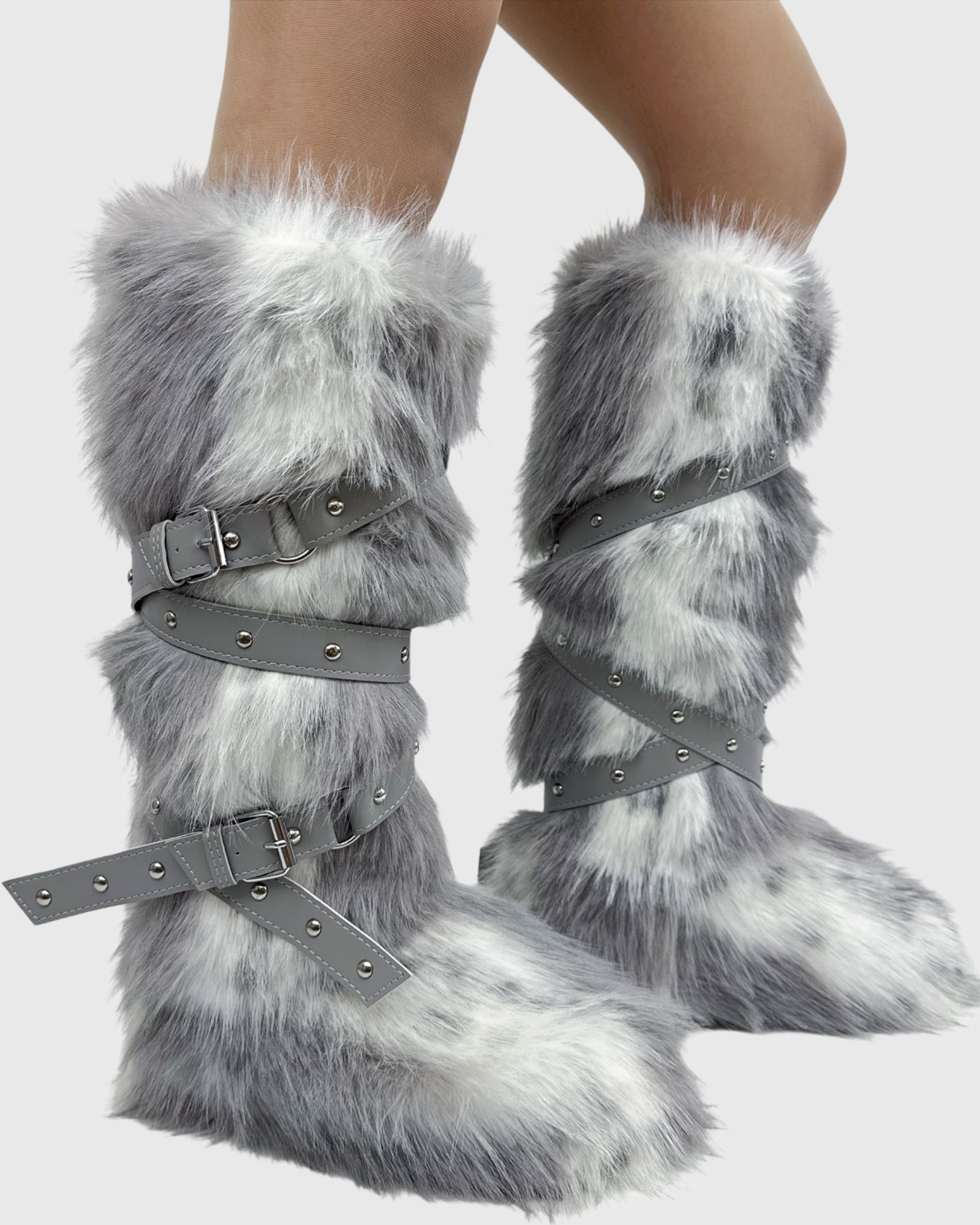 Dora Faux Fur Buckle Strap Knee High Boots In Grey