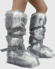 Dora Faux Fur Buckle Strap Knee High Boots In Grey