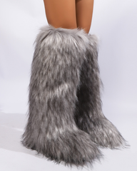 Dora Faux Fur Knee High Boots In Grey & White