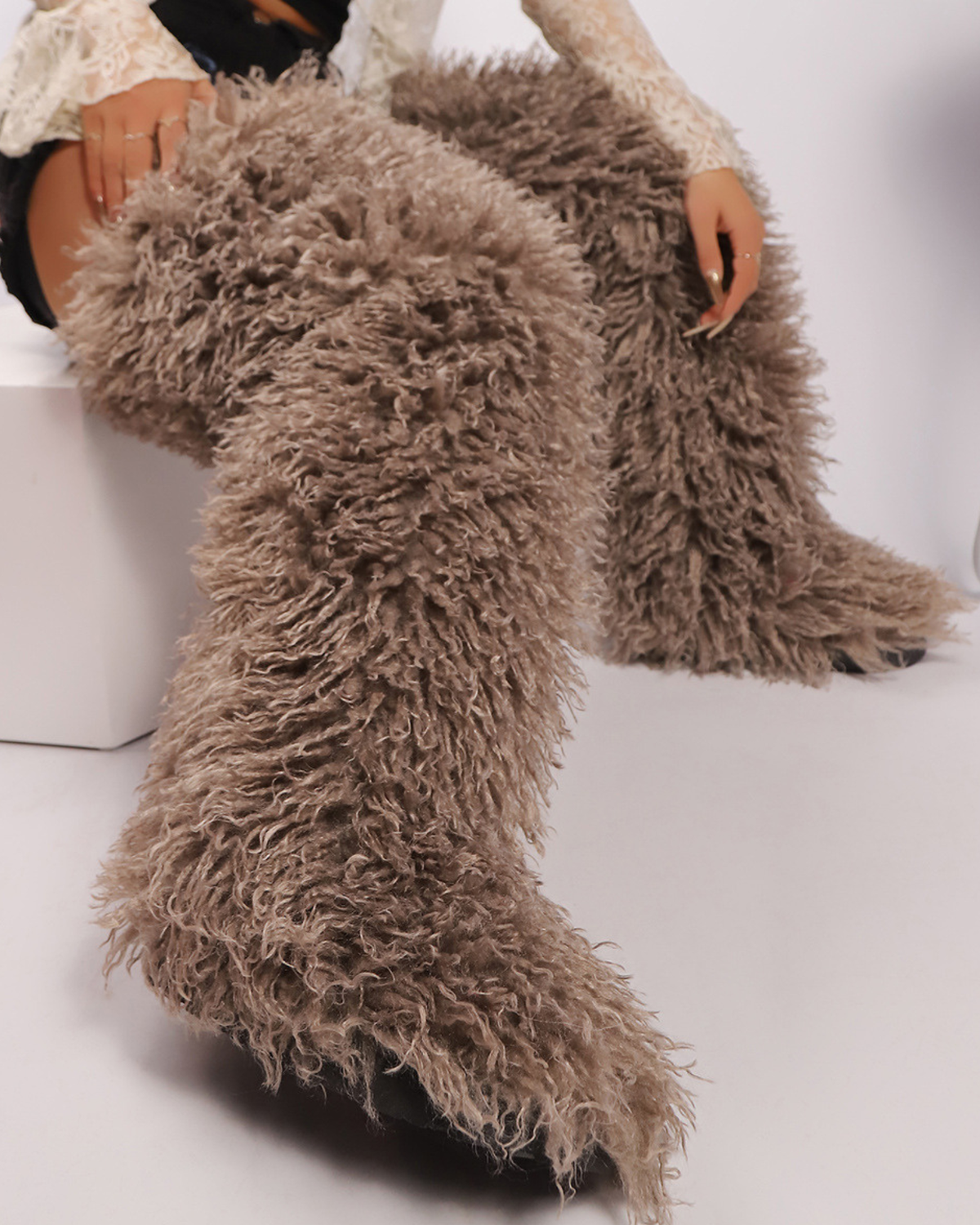 Dora Faux Fur Thigh Boots In Khaki