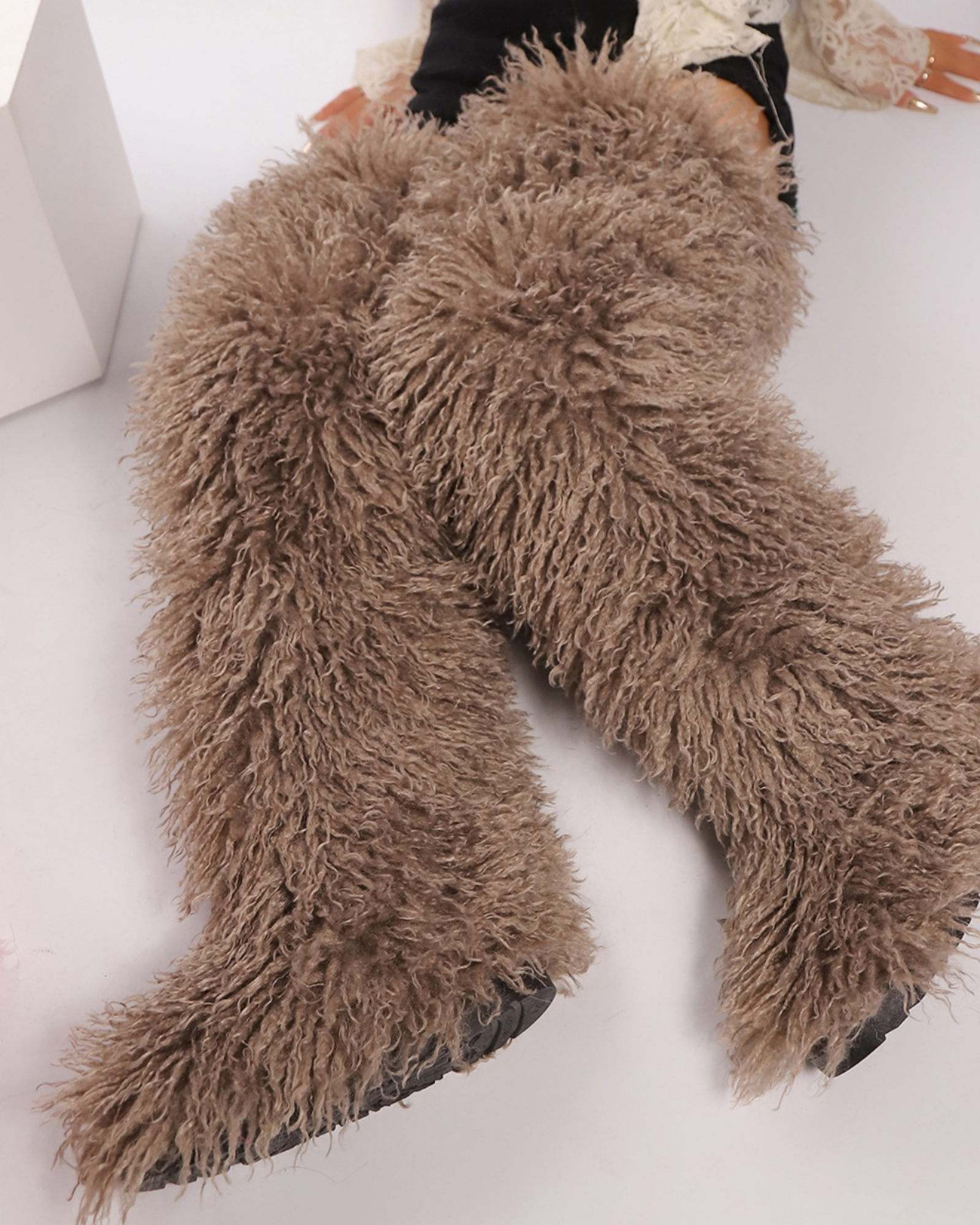 Dora Faux Fur Thigh Boots In Khaki