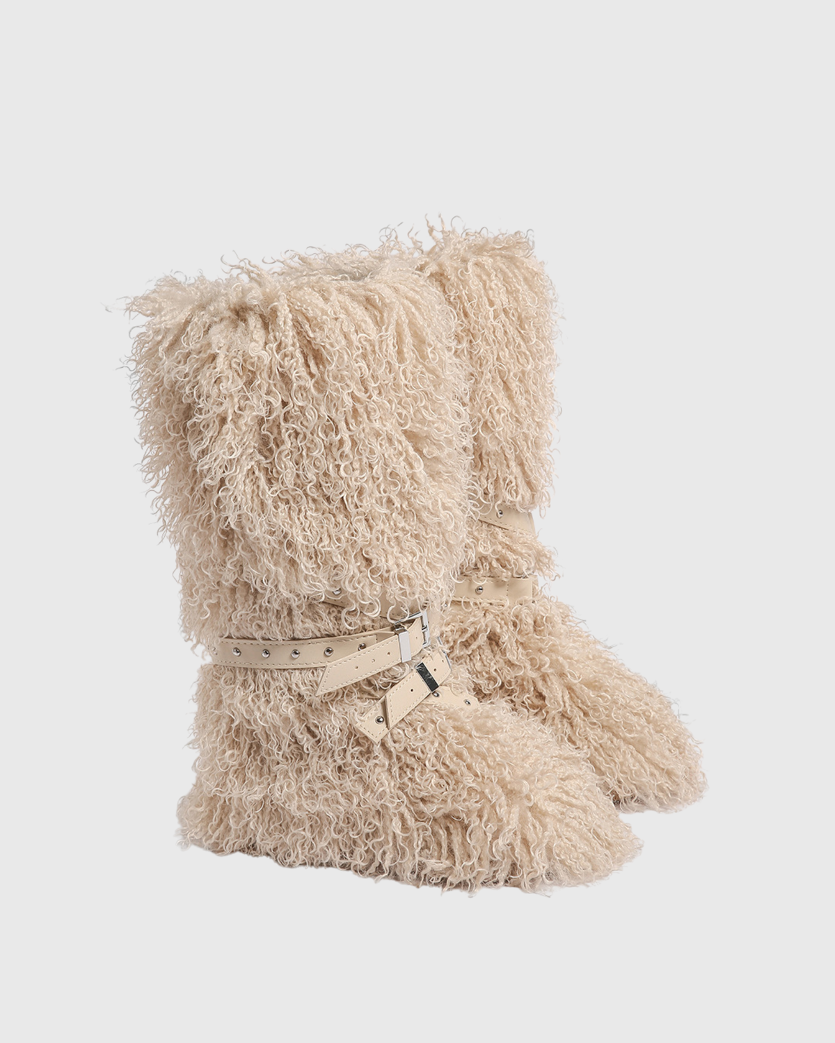 Dora Fur Buckle Strap Mid Calf Boots In Beige