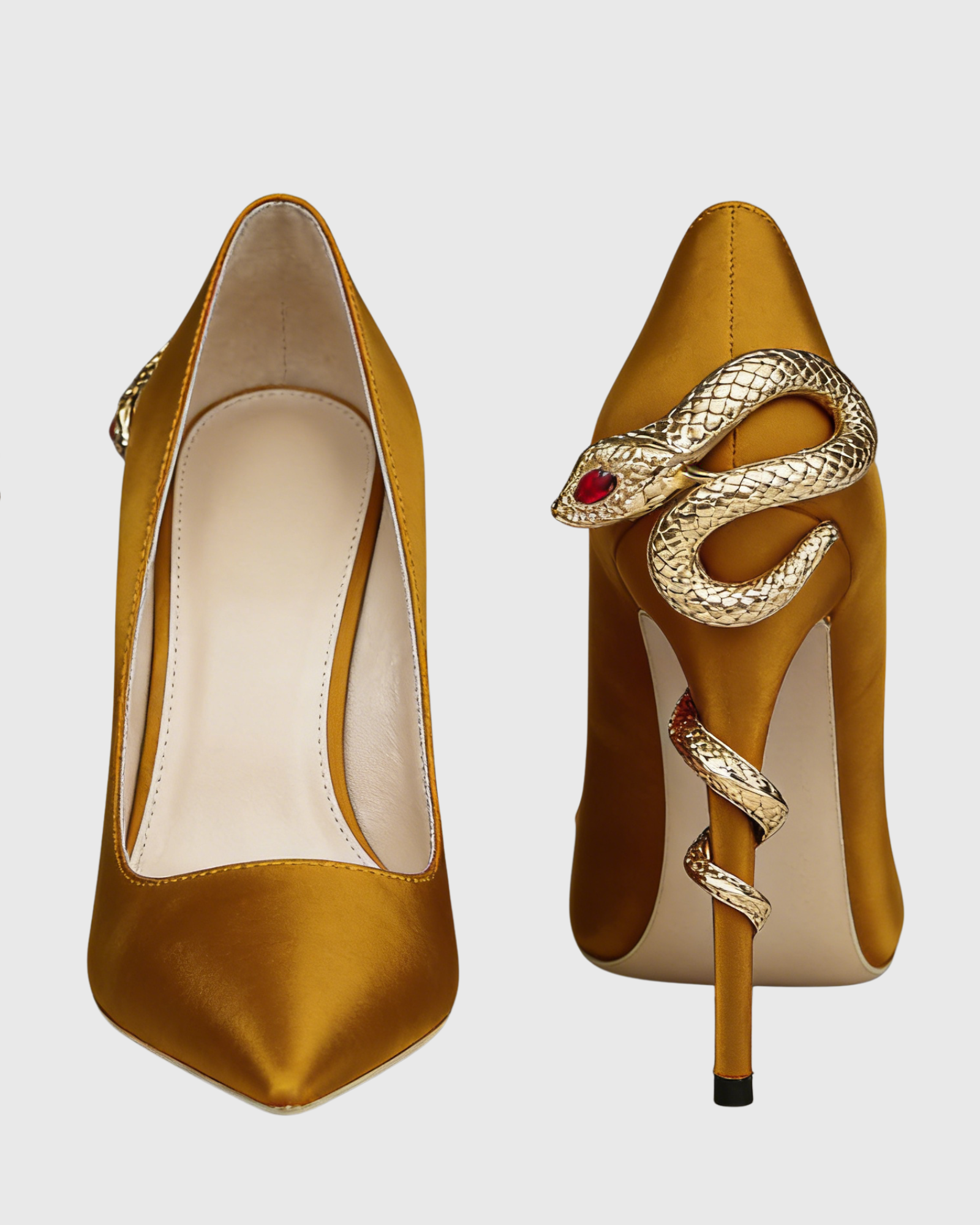 Eadgar Satin Rhinestone Snake Heels In Borwn