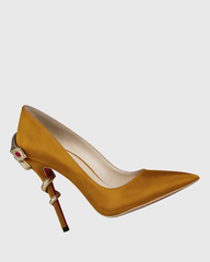 Eadgar Satin Rhinestone Snake Heels In Borwn