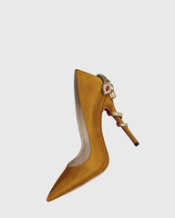 Eadgar Satin Rhinestone Snake Heels In Borwn