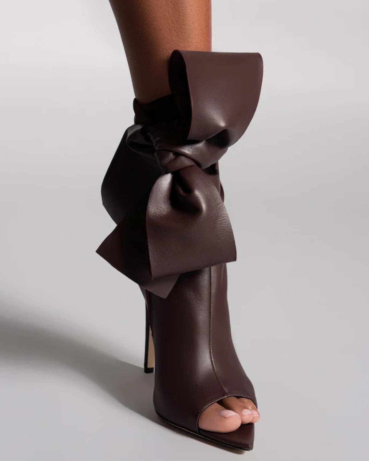 Edik Tie Up Bow Open Toe Boots In Brown
