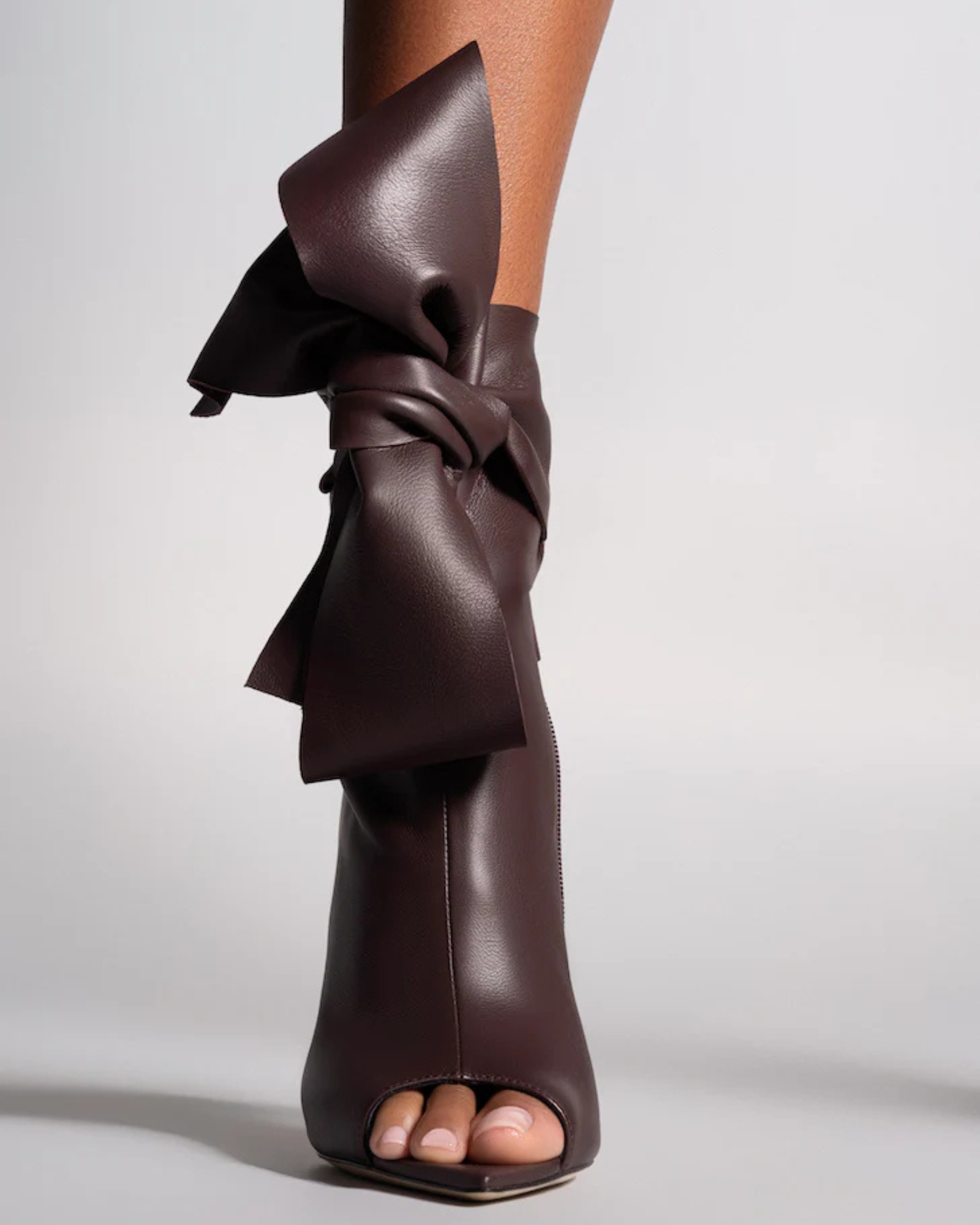 Edik Tie Up Bow Open Toe Boots In Brown
