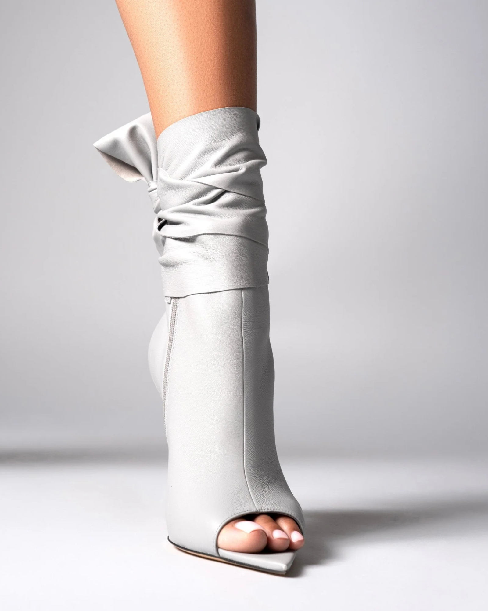 Edik Tie Up Bow Open Toe Boots In Light Grey