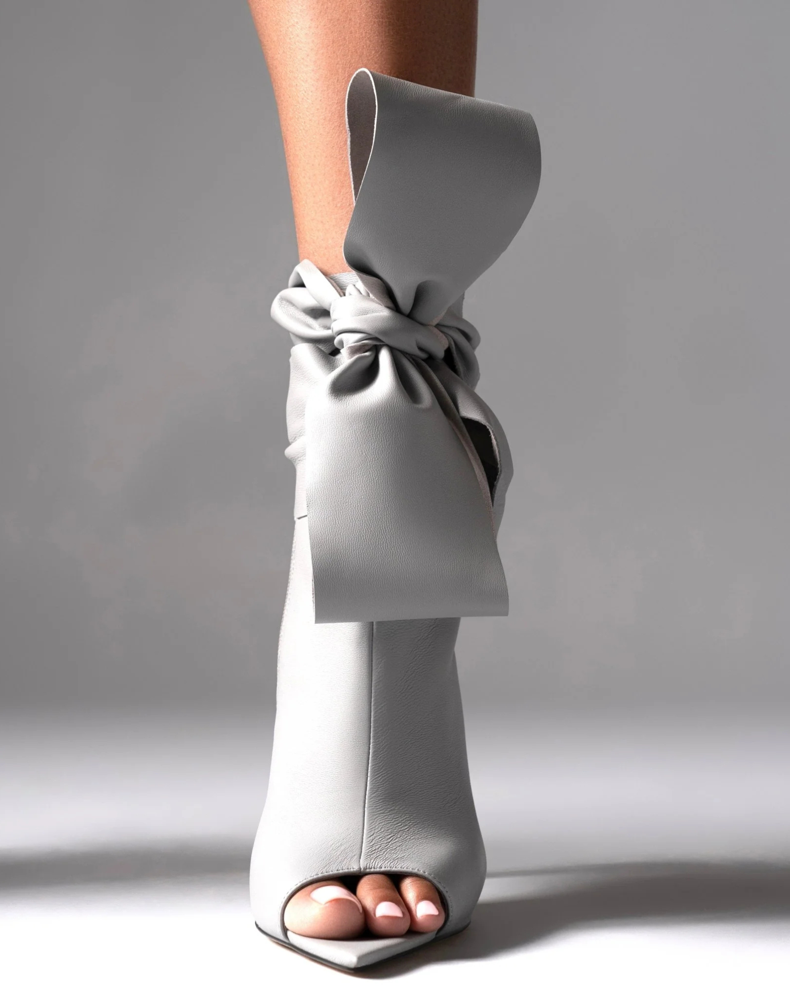 Edik Tie Up Bow Open Toe Boots In Light Grey