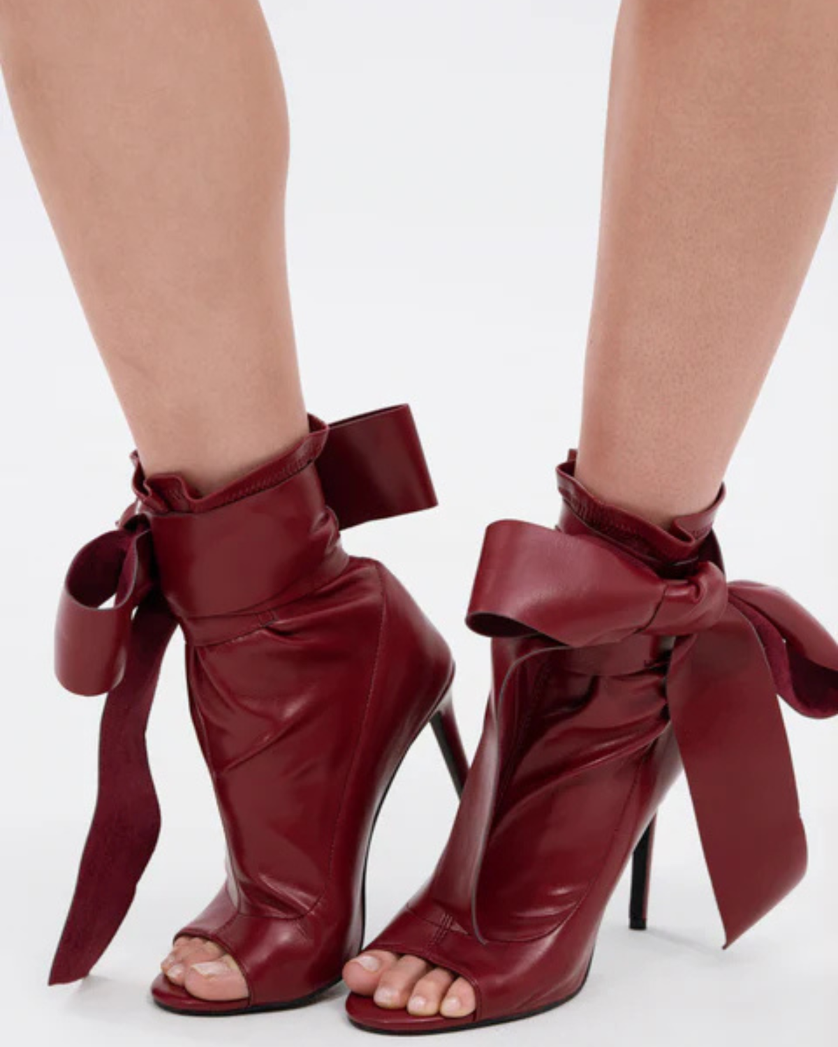 Edik Tie Up Bow Open Toe Boots In Wine