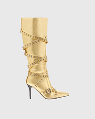 Eka Eyelet Metallic Knee Hight Boots In Gold