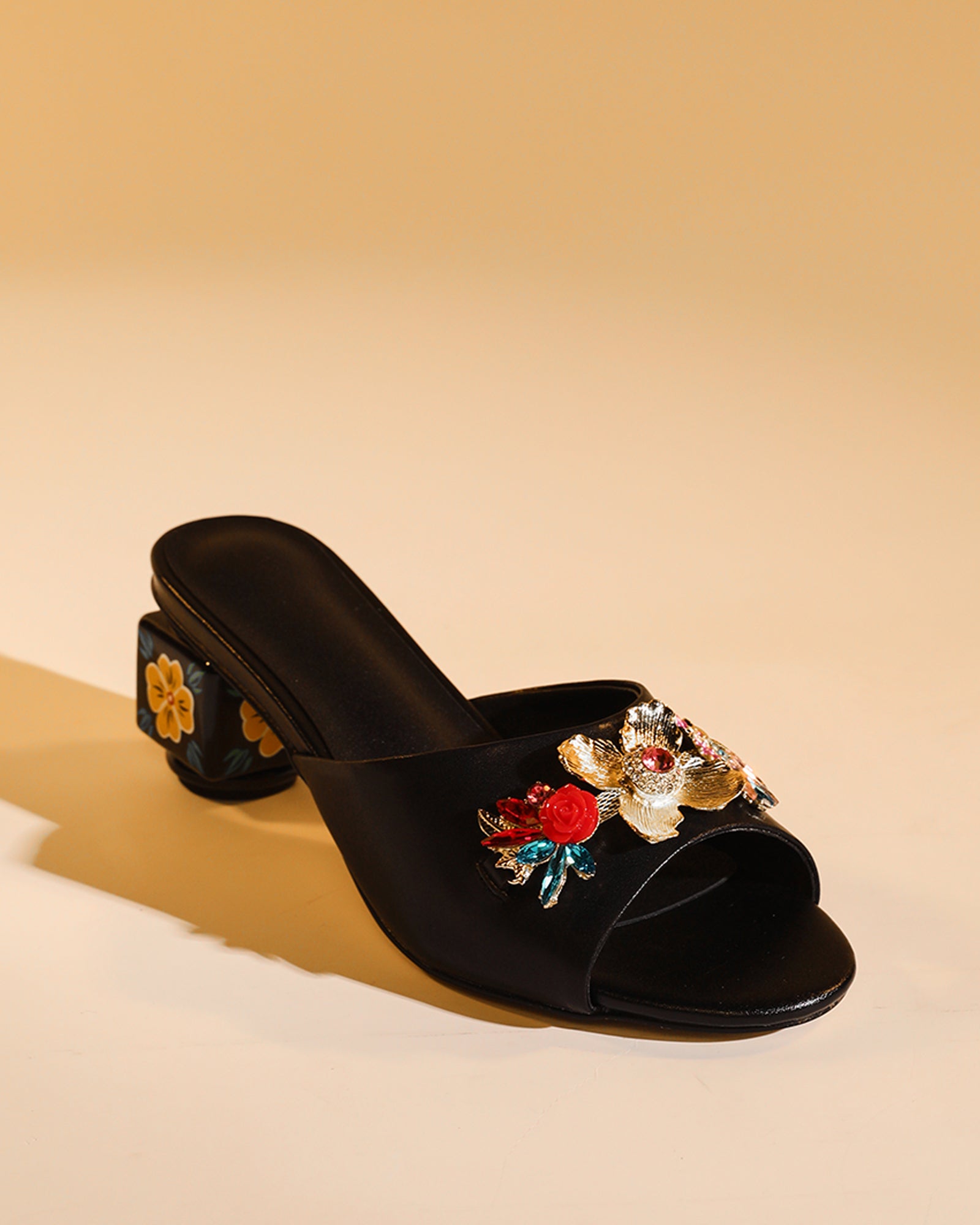 Elfa Golden Flower Embellished Cubic Heel Mules