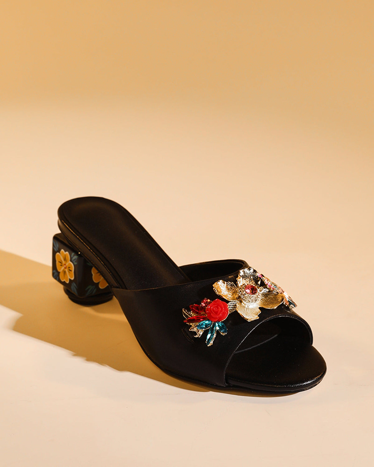 Elfa Golden Flower Embellished Cubic Heel Mules