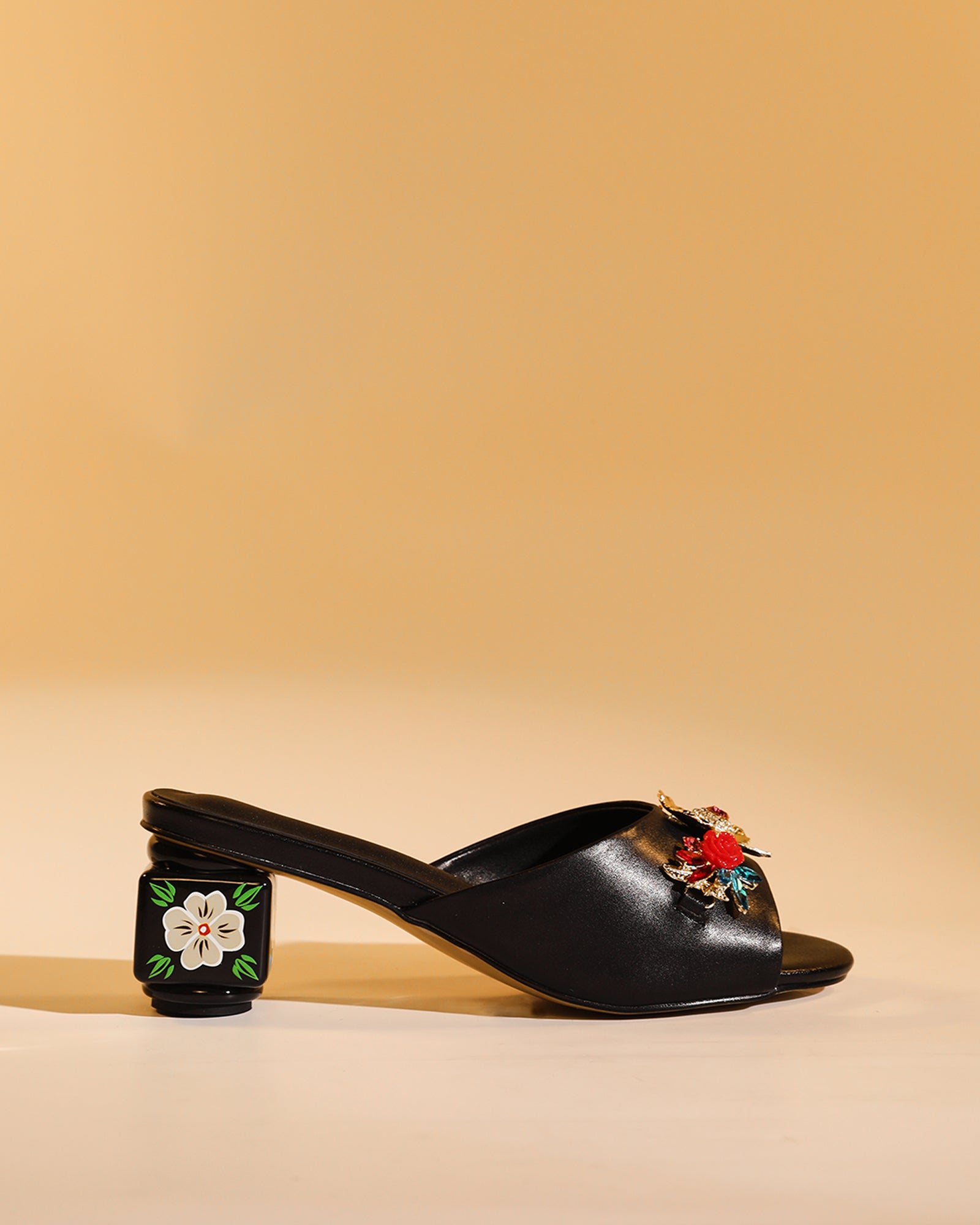 Elfa Golden Flower Embellished Cubic Heel Mules