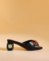 Elfa Golden Flower Embellished Cubic Heel Mules