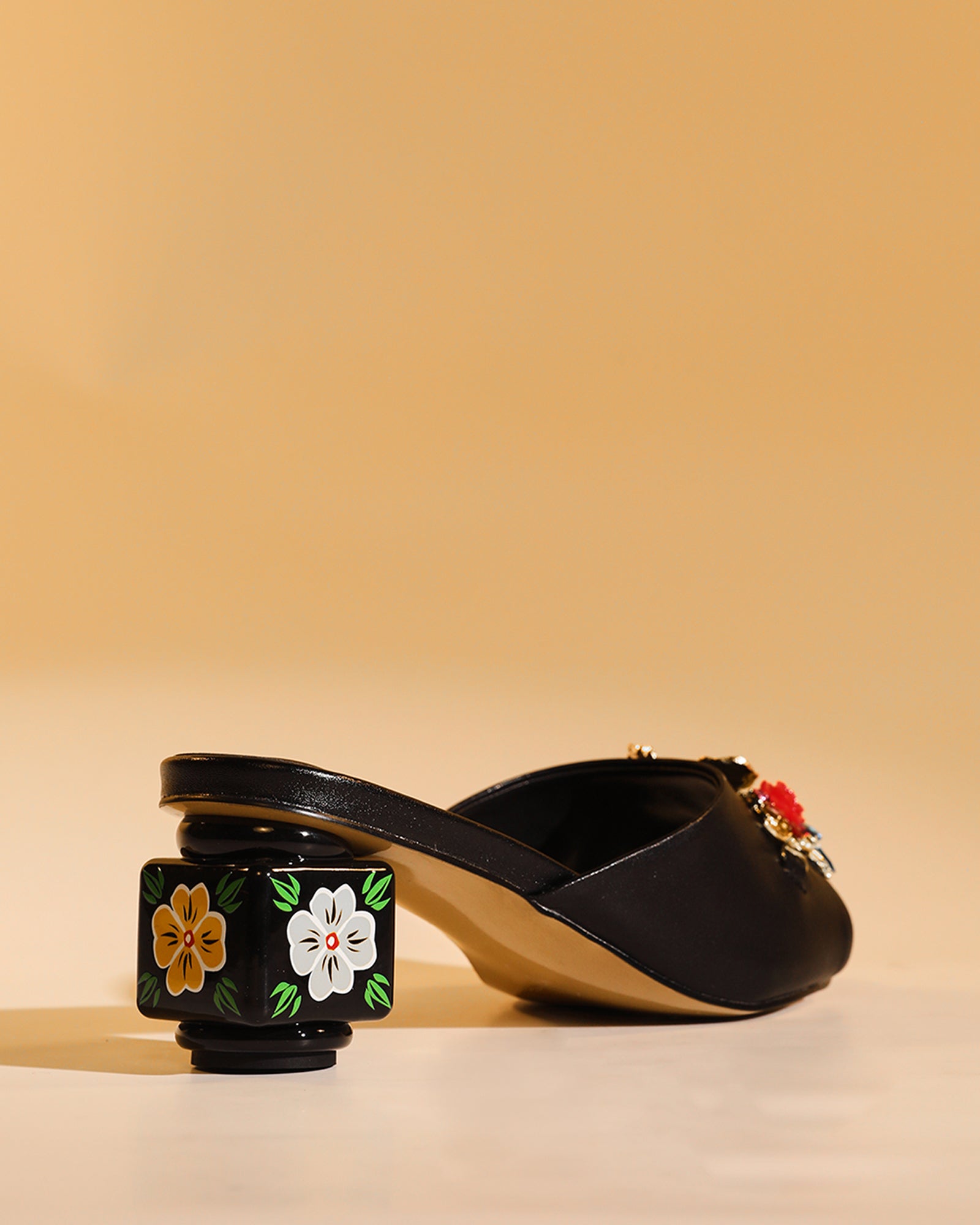 Elfa Golden Flower Embellished Cubic Heel Mules