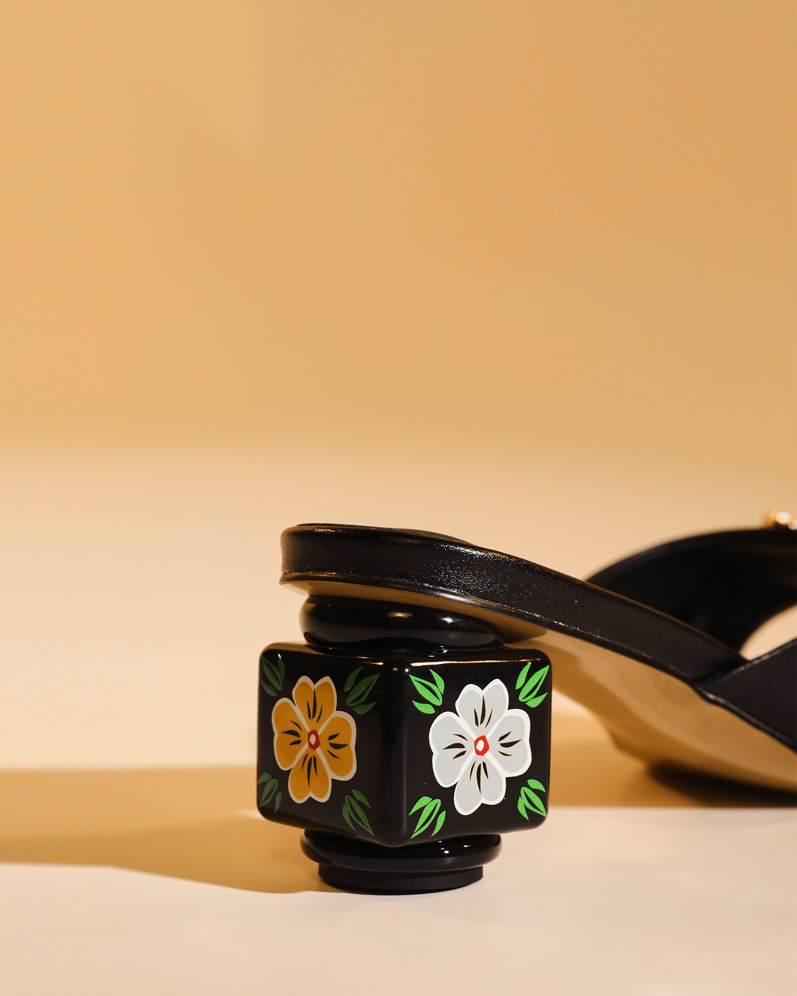 Elfa Golden Flower Embellished Cubic Heel Mules