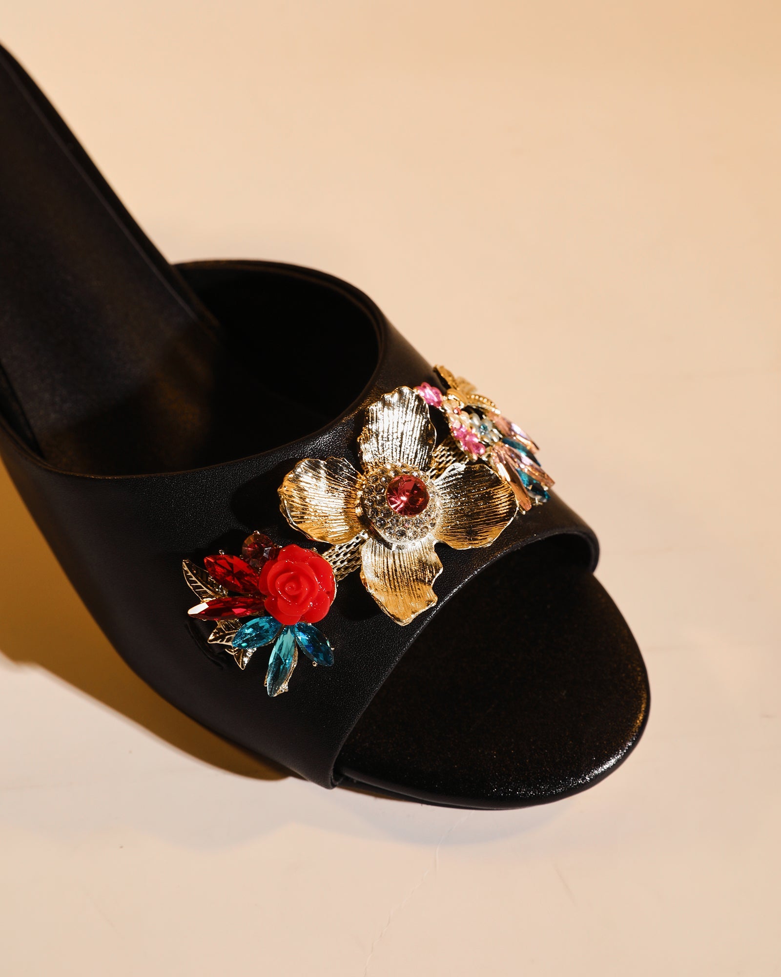 Elfa Golden Flower Embellished Cubic Heel Mules