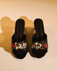 Elfa Golden Flower Embellished Cubic Heel Mules