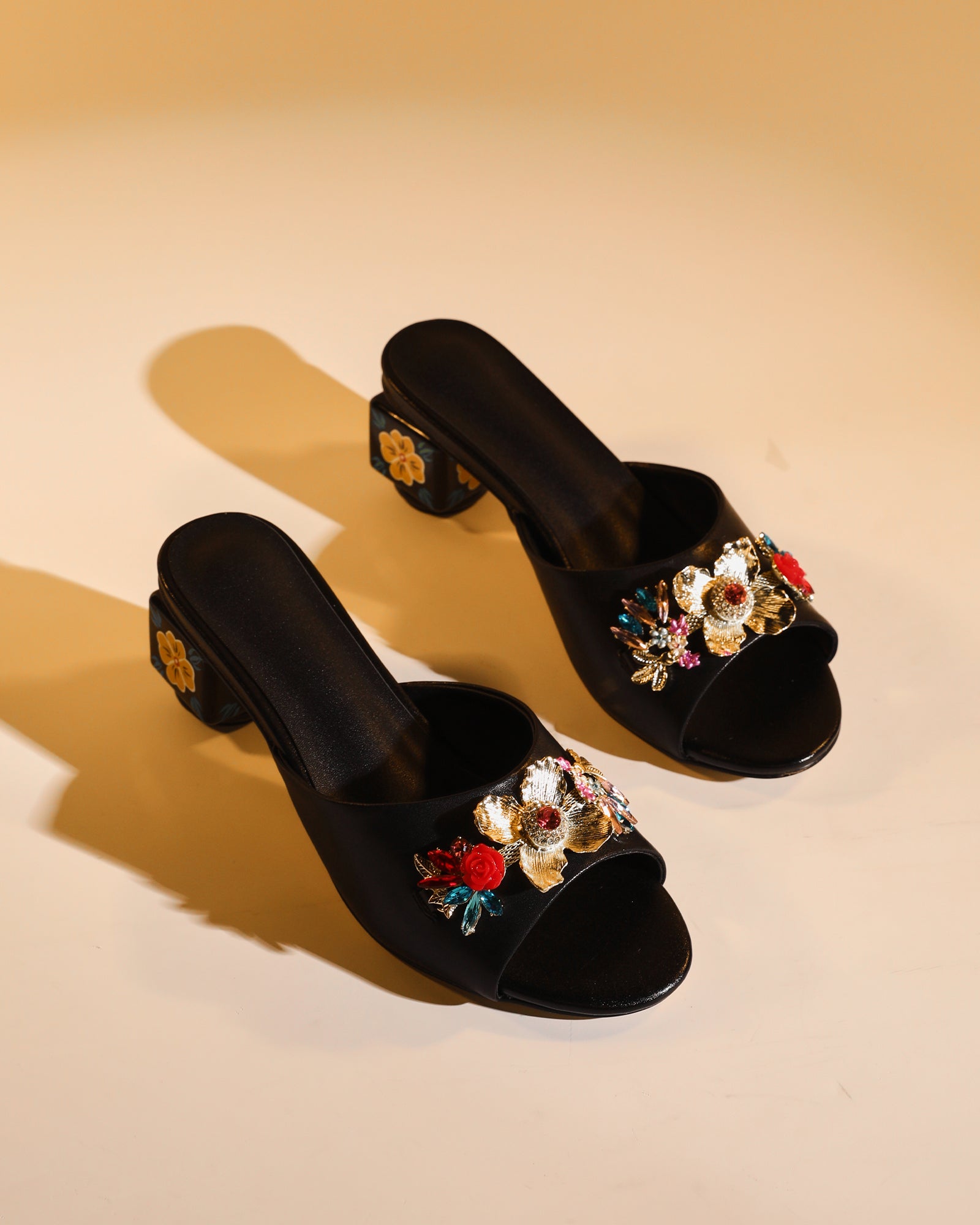 Elfa Golden Flower Embellished Cubic Heel Mules