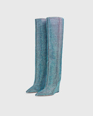Enrica Rhinestone Embellished Wedge Knee High Boots
