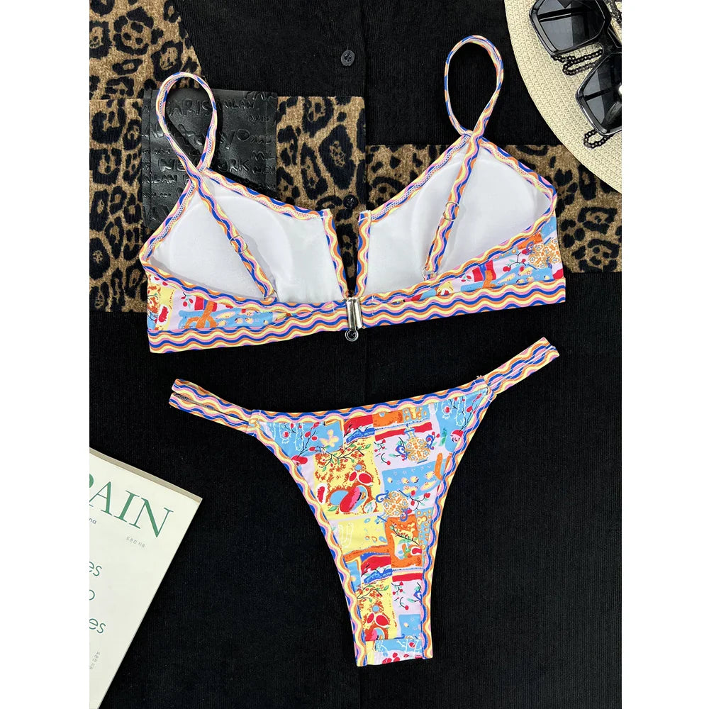 Ethnic Style Swimsuit Wavy Bikini Two Piece Low Waist Thong Swimwear V-neck Suspender Backless Bathing Suit Beachwear