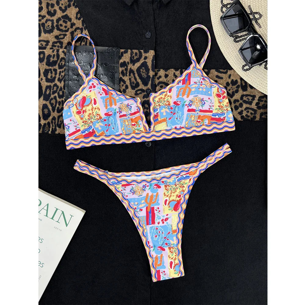 Ethnic Style Swimsuit Wavy Bikini Two Piece Low Waist Thong Swimwear V-neck Suspender Backless Bathing Suit Beachwear