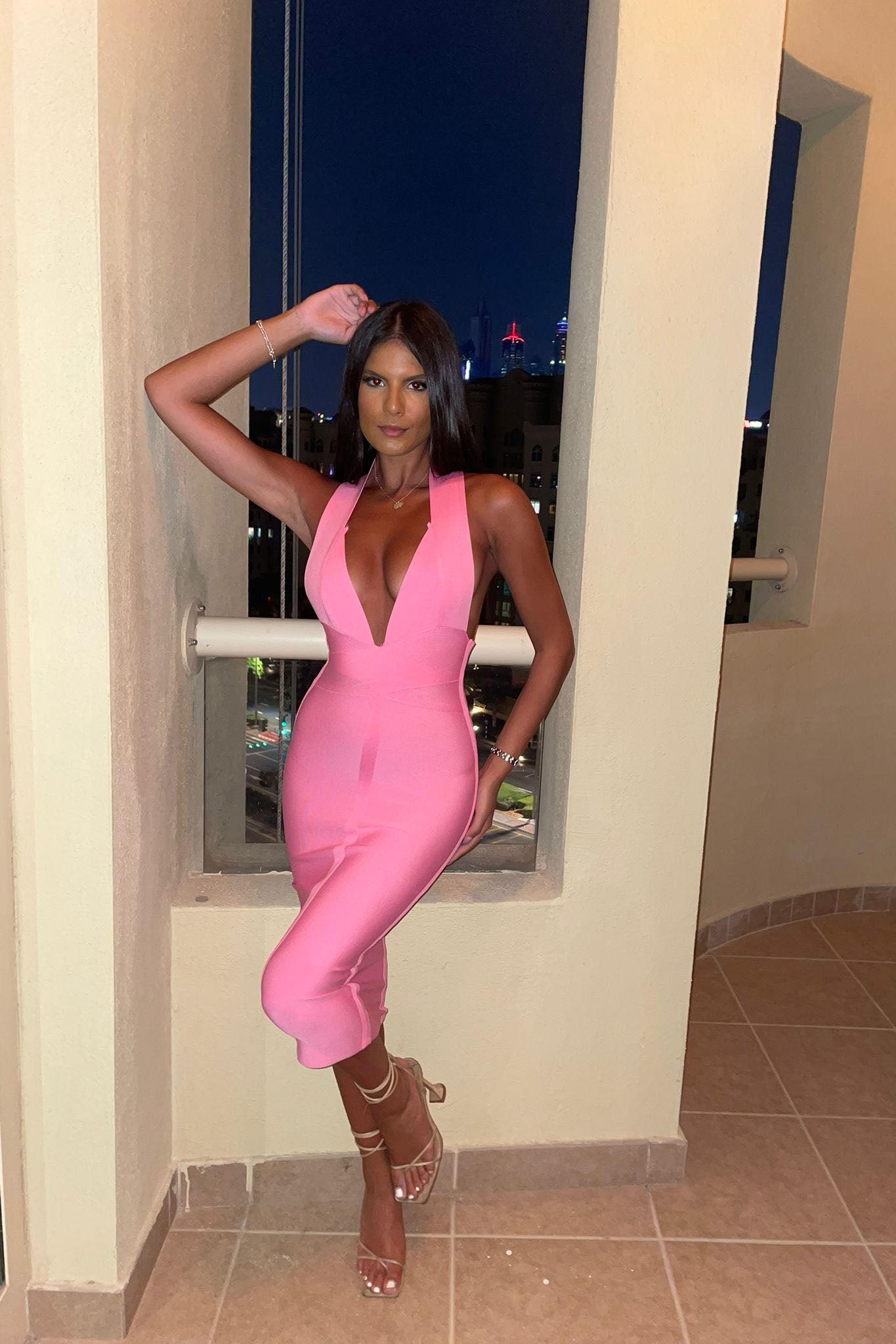 Aeila Candy Halterneck Bandage Midi Dress-Pink