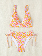 Floral Print 2-piece Swimsuit Deep V High Waist Lace-up Bikini Set