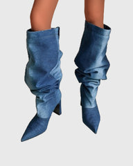 Floriana Ruched Cowboy Knee High Boots In Blue