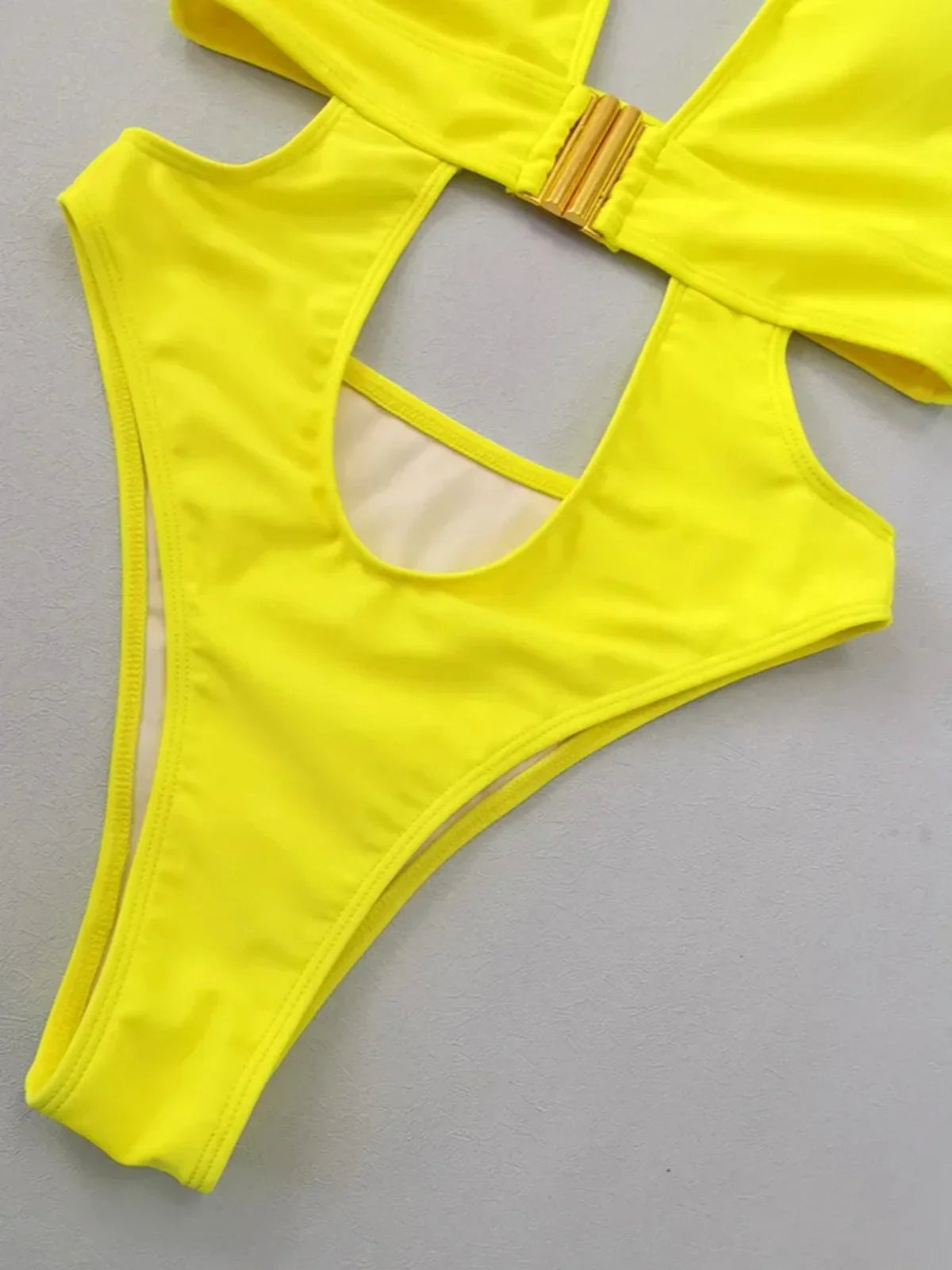 Fluorescent Yellow One Piece Swimsuit Solid Color High Waist Hollow Out Belt Bikini Monokini Beach Swimwear